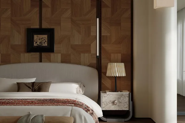 Bedroom with timber wardrobe wall