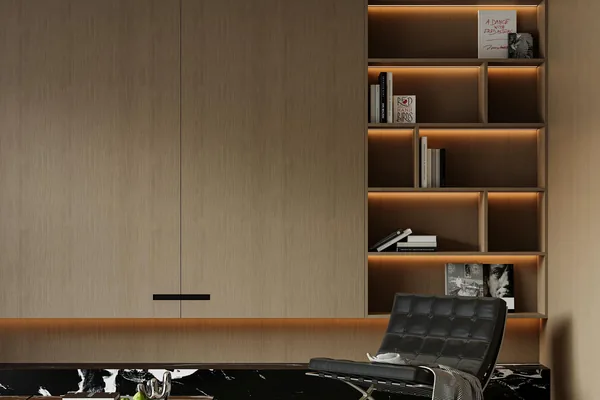 Built-in study joinery with shelving and desk