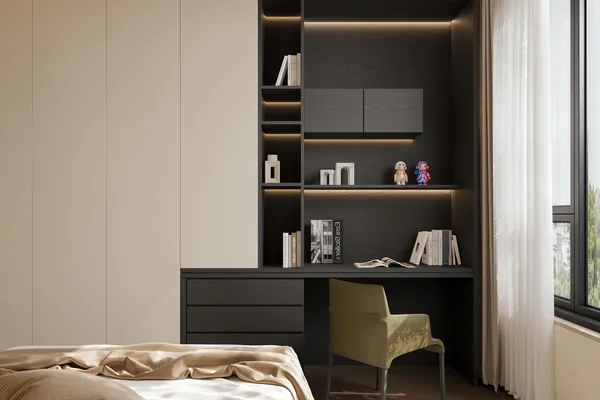 Joinery with visible board edges and shelving