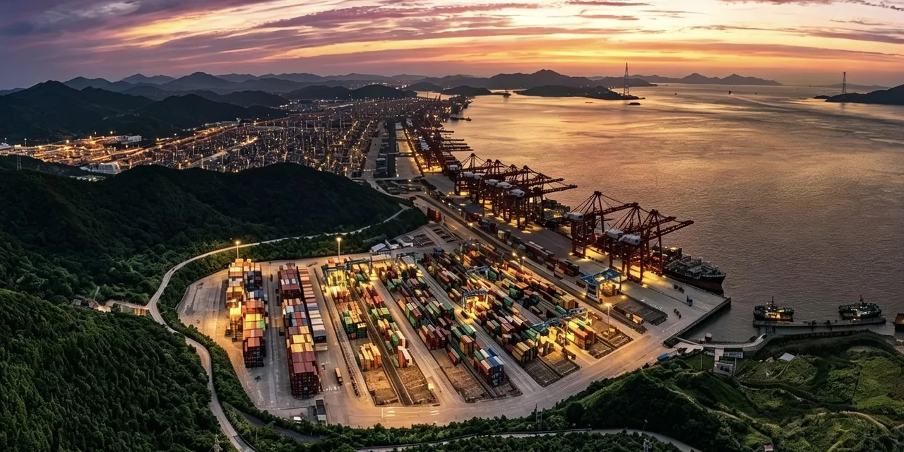 Container terminal at dusk with stacked containers