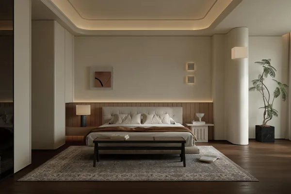 Full-height wardrobe wall in a bedroom