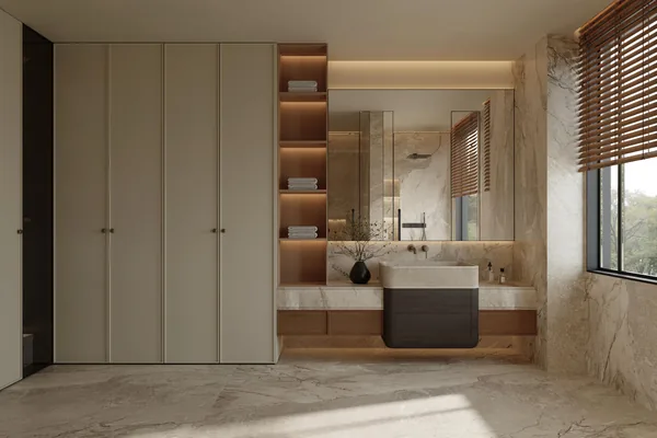 Walk-in closet with timber shelving and a mirror